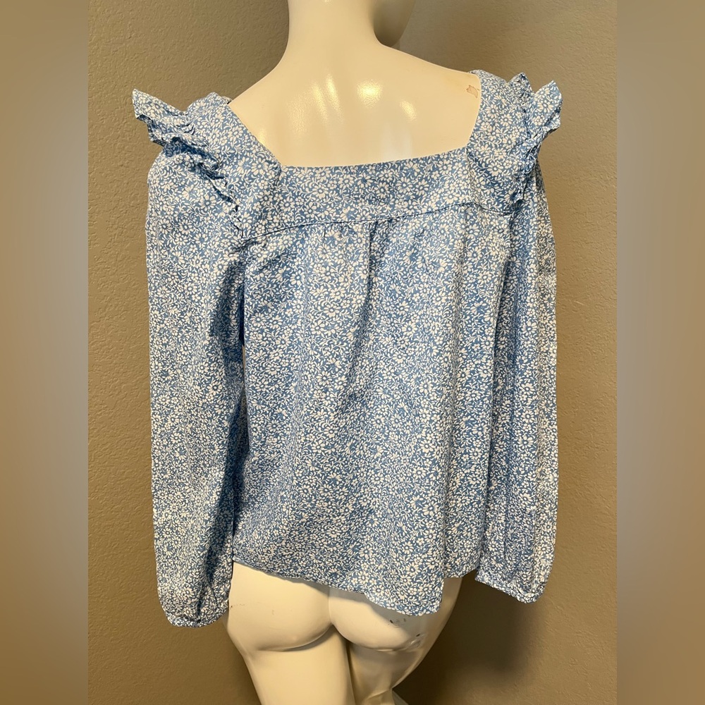 J. CREW Women’s Blue & White LS Squareneck Ruffle Floral Print Top Blouse Size M - Picture 5 of 13